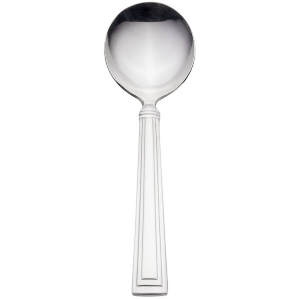 A Libbey stainless steel bouillon spoon with a handle.