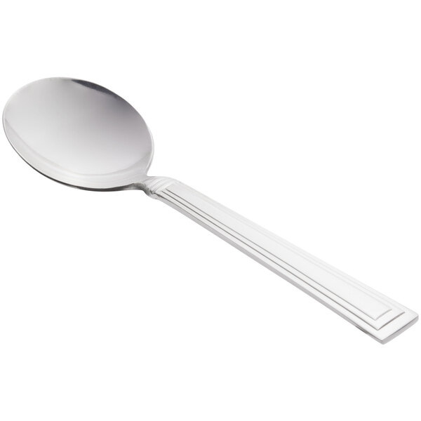 A Libbey stainless steel bouillon spoon with a handle.