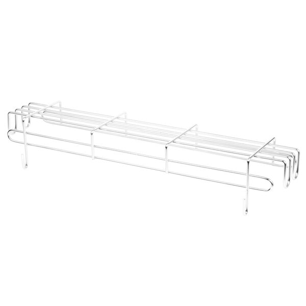 A white metal rack with four bars on it.