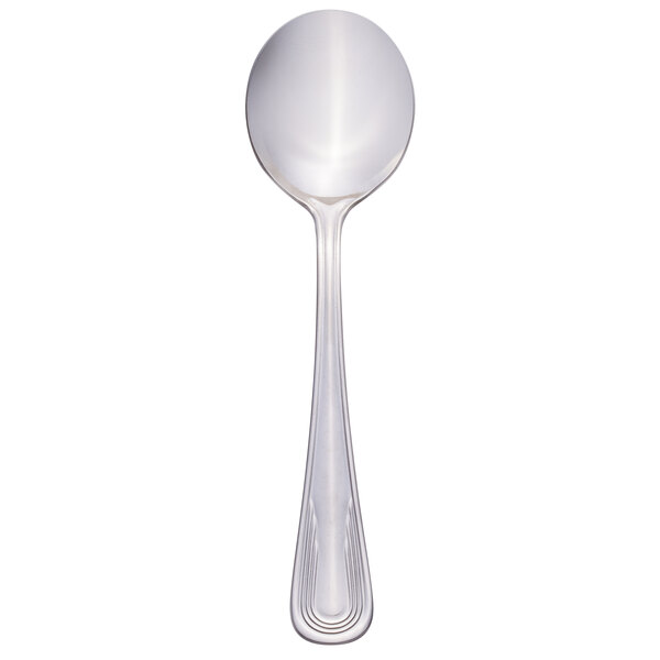 A silver spoon with a white background.