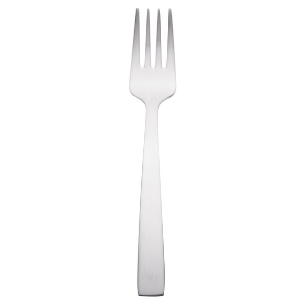 A silver Libbey stainless steel salad fork with a white handle.