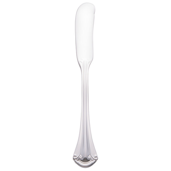 A silver butter spreader with a long stem.