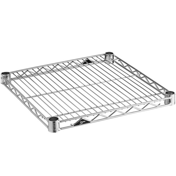 A Metro chrome wire shelf with a metal grid.