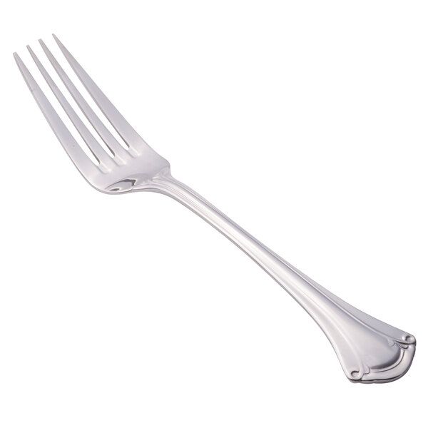 A close-up of a World Tableware Resplendence stainless steel dinner fork with a silver handle.
