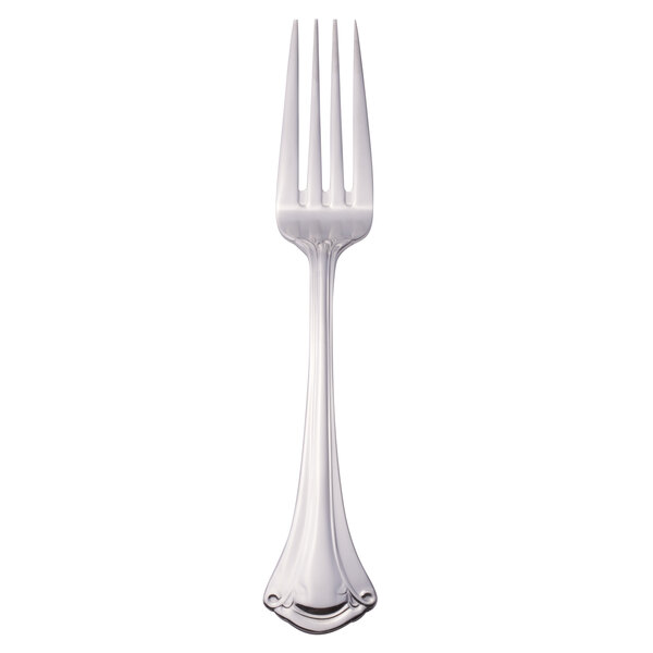 A silver fork with a white handle.