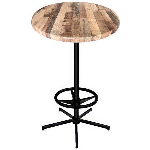 A round wooden table with a wooden bar height base.