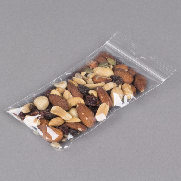 A LK Packaging plastic food bag filled with nuts and seeds.