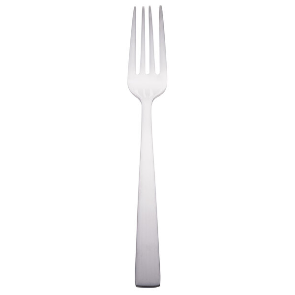 A stainless steel fork with a silver handle.
