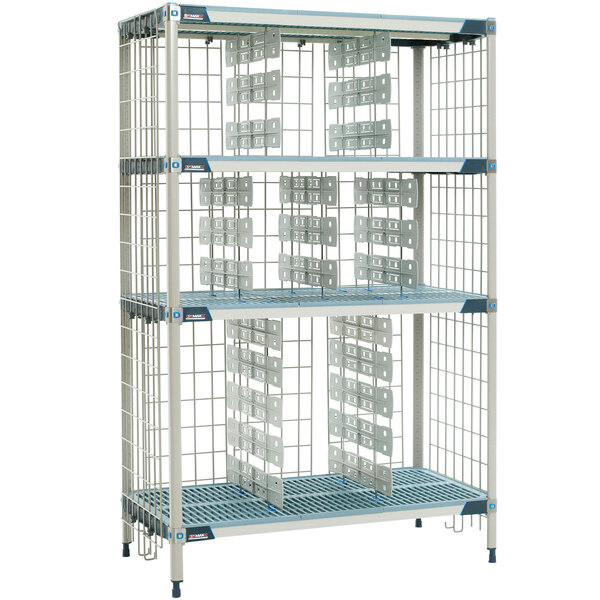A MetroMax wire enclosure panel with metal shelves.