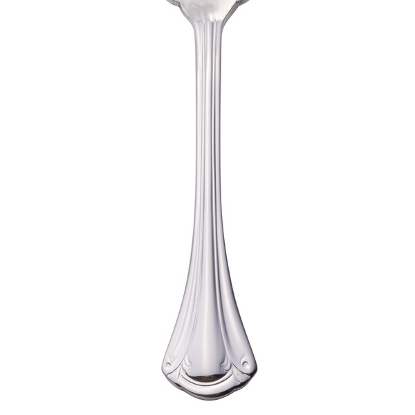 A World Tableware Resplendence stainless steel dessert spoon with a white column and black band on the handle.