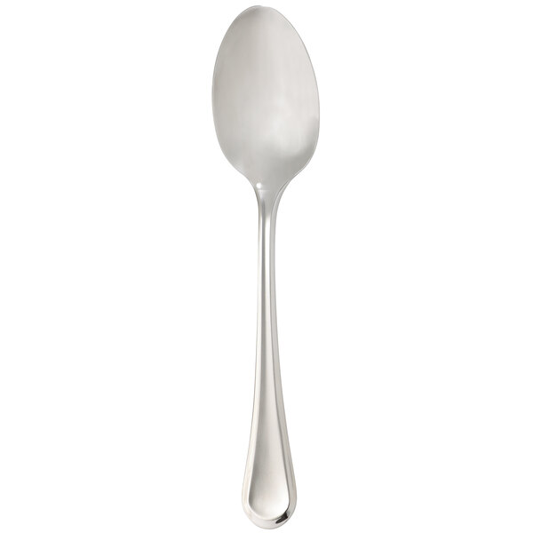 An Arcoroc stainless steel dessert spoon with a silver handle on a white background.