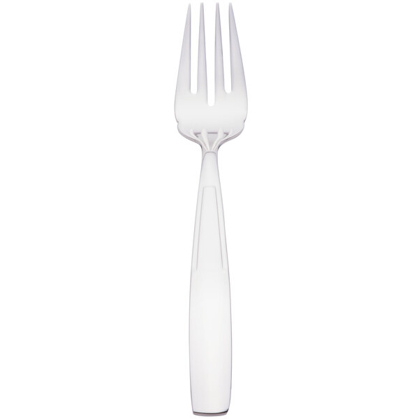 A close-up of a Libbey stainless steel salad fork with a white handle.