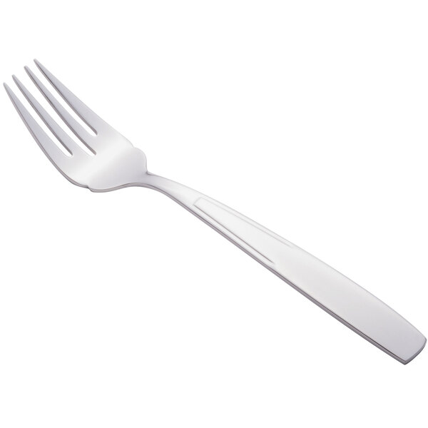 A silver fork with a white handle on a white background.