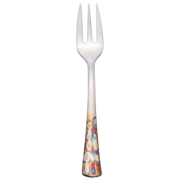 A silver stainless steel Master's Gauge cocktail fork with a multicolored pebblestone handle.