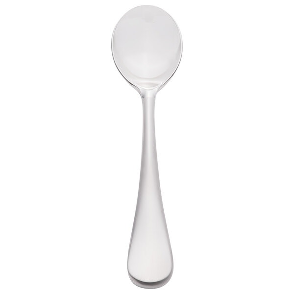 A silver Reserve by Libbey bouillon spoon with a white handle.