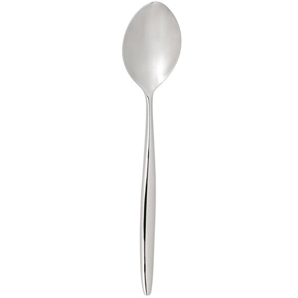 A silver spoon with a long handle.