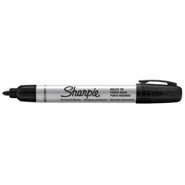 A close-up of a Sharpie Pro Black Bullet Tip Permanent Marker.