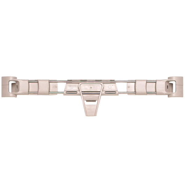 A white plastic MetroMax Q stackable shelf ledge with two holes.