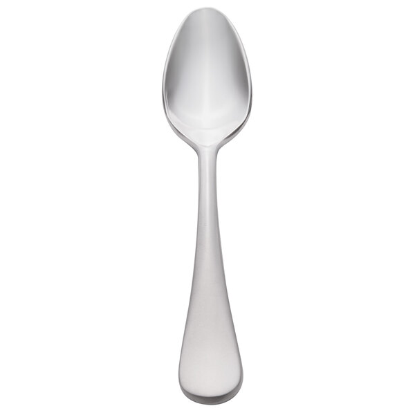 A stainless steel demitasse spoon with a silver handle.