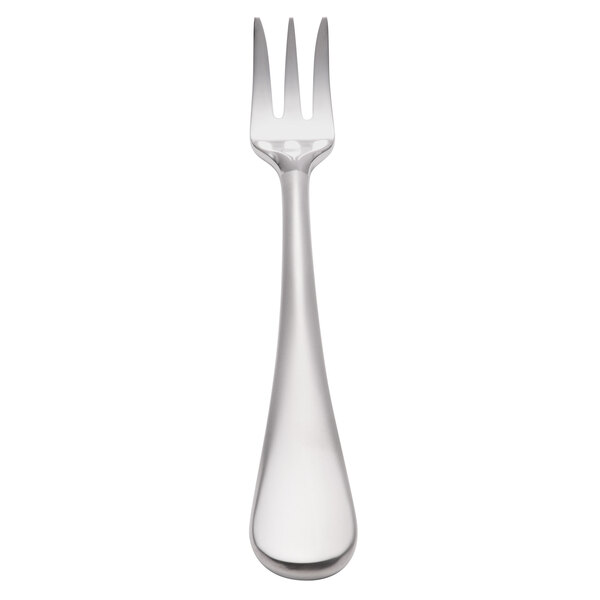 A stainless steel fork with a silver handle.