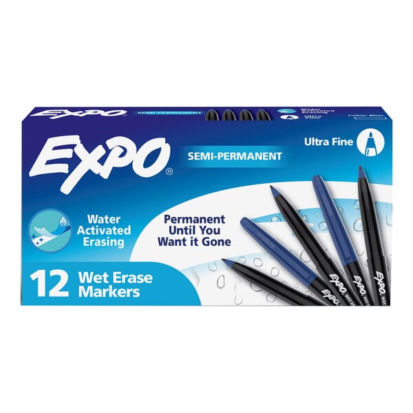 A 12-pack of Expo Vis-a-Vis blue ultra fine point wet erase markers.