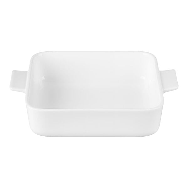 A white, square ceramic dish with handles on both sides, viewed from above.