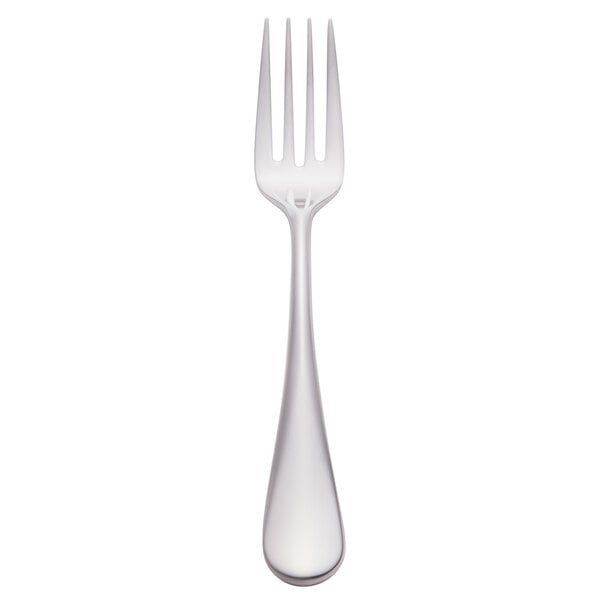 A silver Reserve by Libbey stainless steel salad fork with a white background.