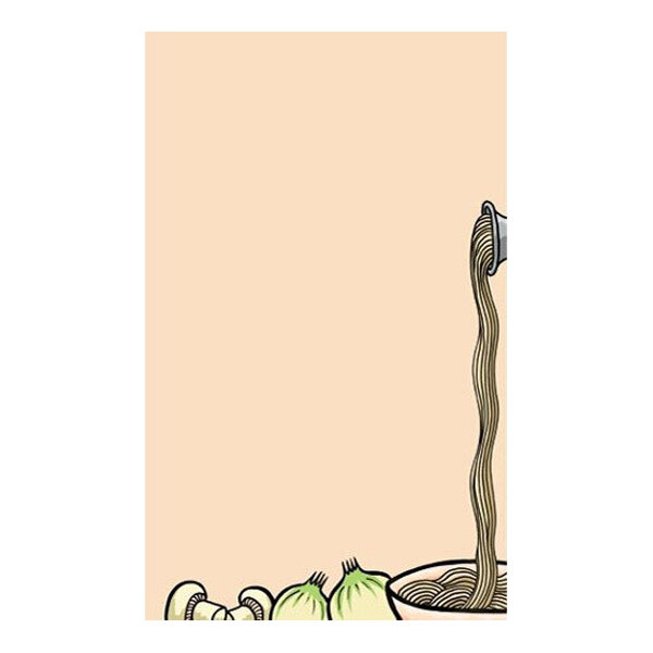 An illustration of pasta being poured into a bowl with mushrooms and onions at the bottom, set against a plain beige background.