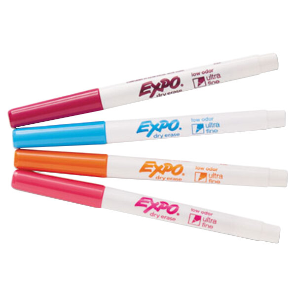 A white tube of Expo Ultra Fine Point Dry Erase Markers with orange text.