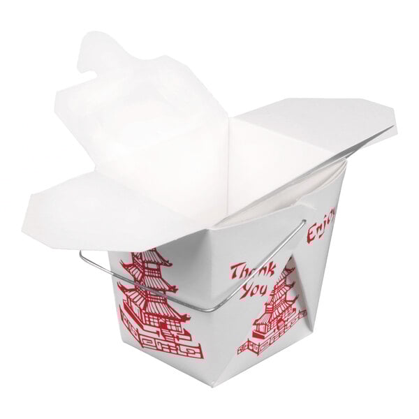 A white paper Chinese take-out container with a red pagoda design and a metal wire handle, shown open.