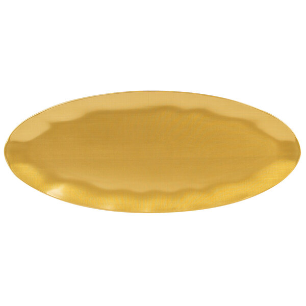 A gold rectangular platter with pearl accents.