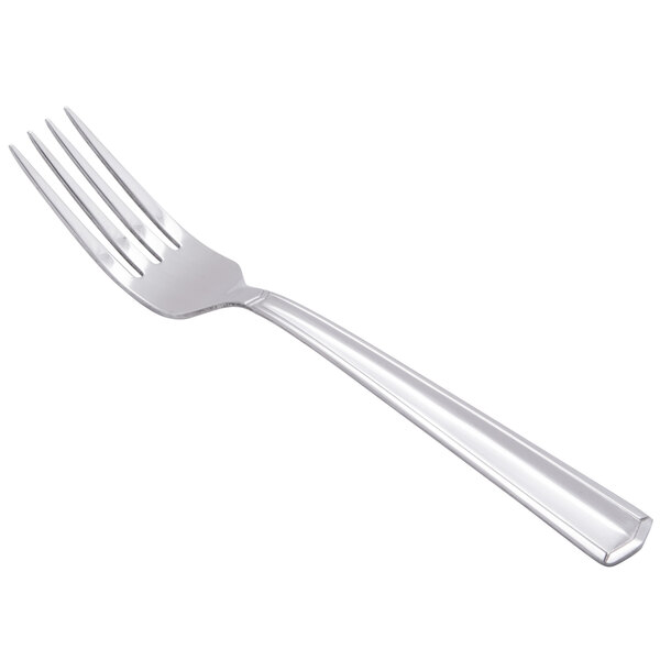 A close-up of a Libbey Vermont stainless steel utility/dessert fork with a silver handle.