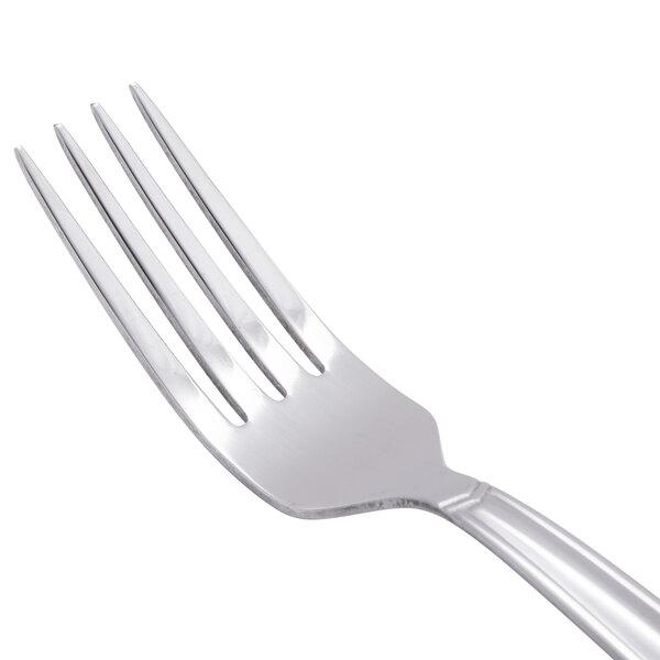 A close-up of a Libbey Vermont stainless steel utility/dessert fork with a silver handle.