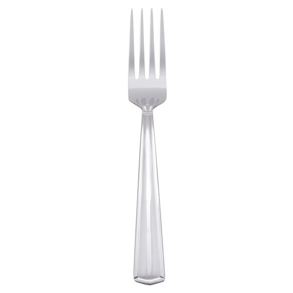 A stainless steel Libbey Vermont utility/dessert fork with a long silver handle.