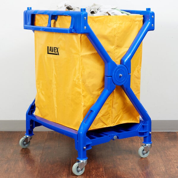 A yellow and blue Lavex laundry cart with wheels.