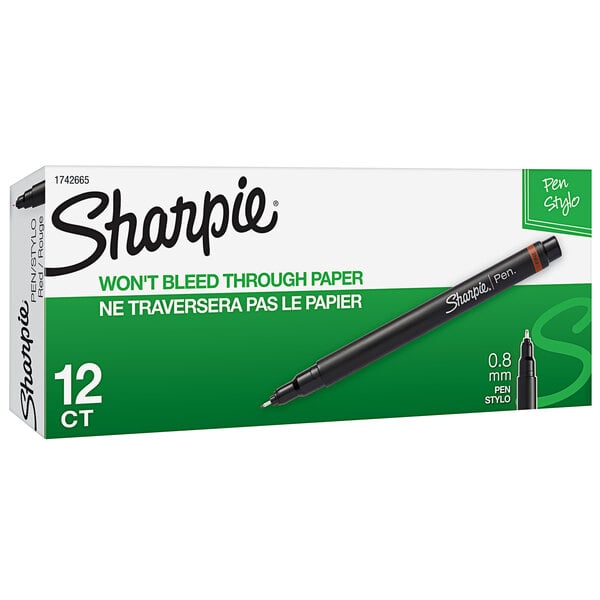 A red box of 12 Sharpie fine point pens with gray and red accents.