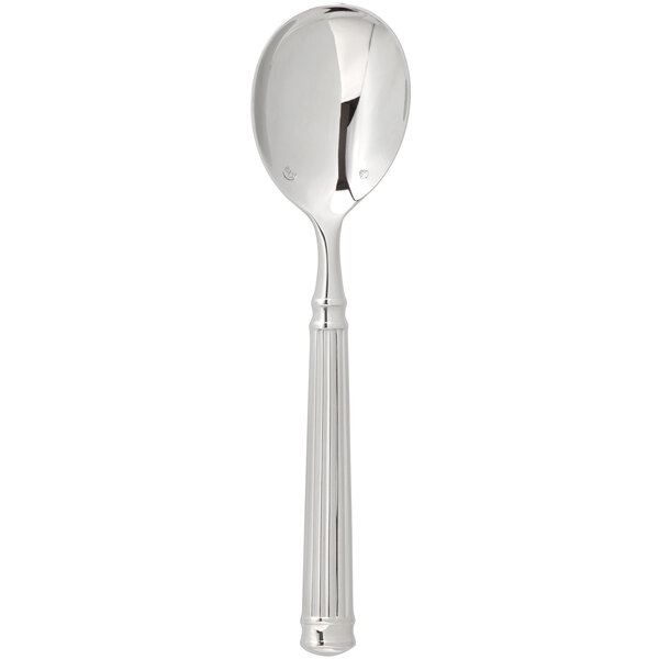 A Chef & Sommelier stainless steel soup spoon with a fluted handle.