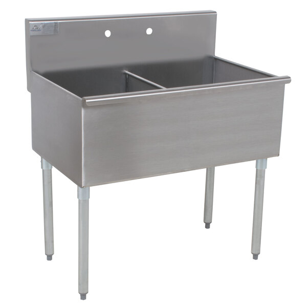 An Advance Tabco stainless steel sink with two compartments.