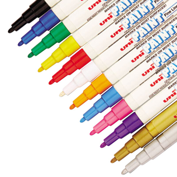 A group of Uni-Paint markers in different colors.