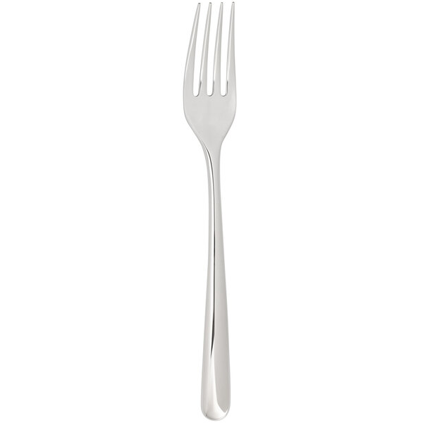A silver fork with a black handle.
