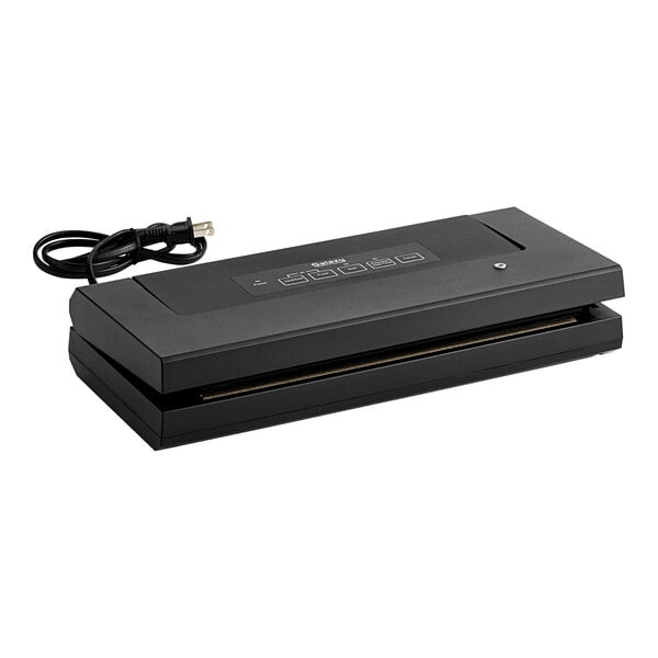 A black rectangular Galaxy VME1 vacuum packaging machine with buttons.