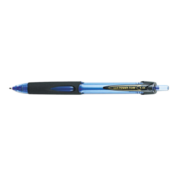 A blue Uni-Ball Power Tank RT pen with a black cap.