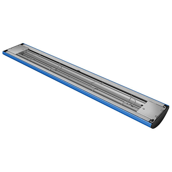 A long blue and silver rectangular Hatco food warmer with LED lights.