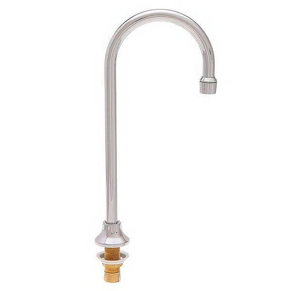 A Fisher stainless steel deck-mounted faucet with a brass nozzle and gold screw.