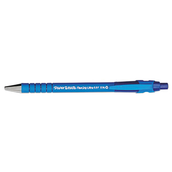 A blue Paper Mate FlexGrip Ultra retractable pen with a silver tip.