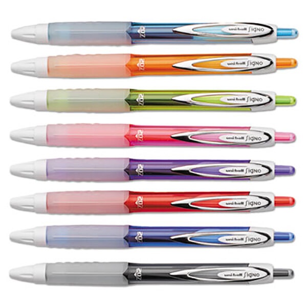 A group of Uni-Ball Signo 207 pens in different colors.
