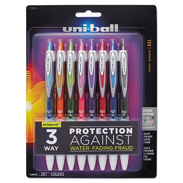 A package of 8 Uni-Ball Signo 207 gel pens with assorted ink colors and barrel designs.