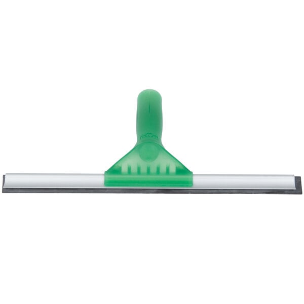 A close-up of a Unger UnitecLite 12" window squeegee with a green plastic handle.