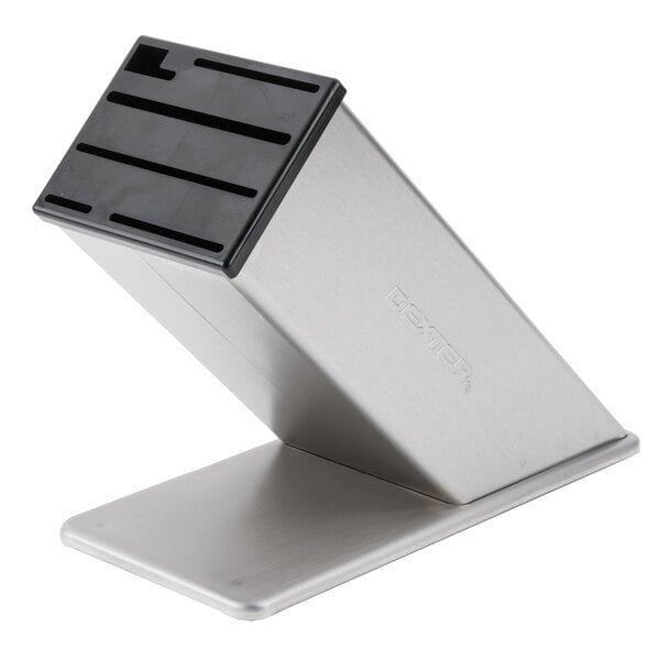A silver and black rectangular Dexter-Russell knife block.