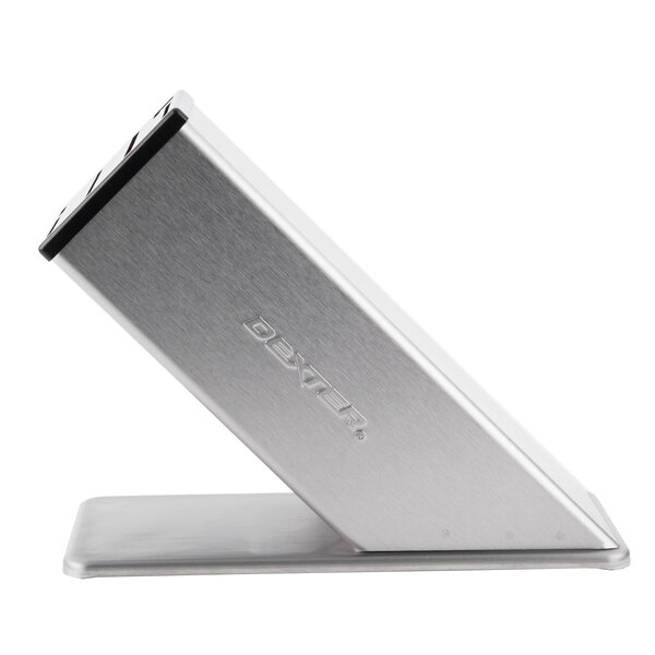 A silver Dexter-Russell knife block with black inserts.